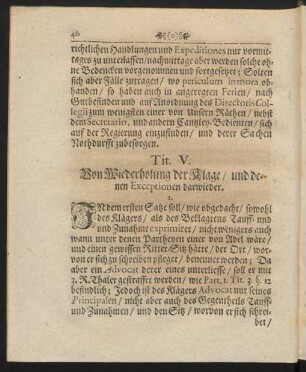 Tit. V. Von Wiederholung der Klage, und denen Exceptionen darwieder.