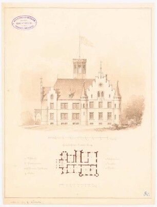 Schloss Liebenow bei Dühringshof: Grundriss Erdgeschoss, Maßstabsleiste, Aufriss Westseite, Maßstabsleiste