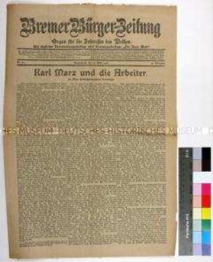 Zeitung "Bremer Bürger-Zeitung" mit Gedenken an Karl Marx anlässlich dessen 25. Todestag