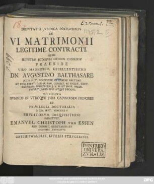 Dispvtatio Jvridica Inavgvralis De Vi Matrimonii Legitime Contracti