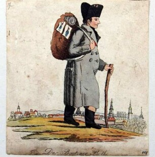 Napoleon-Karikatur: "Der Bautzner Bothe" [Napoleon vor der Silhouette von Dresden]