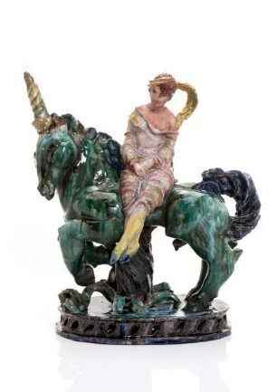 Auf einem Einhorn reitende Frau
