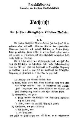 Nachricht von der hiesigen Königlichen Blinden-Anstalt