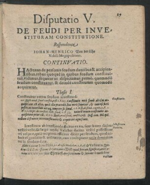 Disputatio V. De Feudi Per Investituram Constitutione. Respondente Johan-Henrico Von der Lühe Nobili Megapolitano.