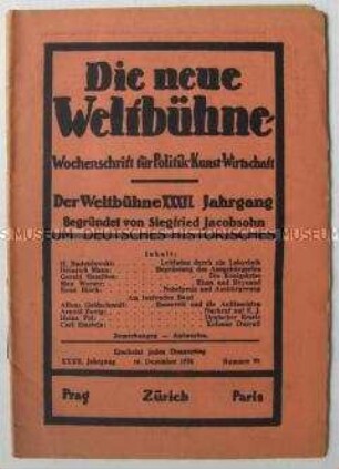 Exilzeitschrift "Die neue Weltbühne" u.a. zur Ausbürgerung deutscher Schriftsteller durch die Hitler-Regierung