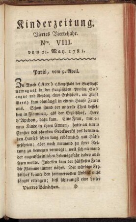 Kinderzeitung. Viertes Vierteljahr. Nro. VIII. vom 21. May. 1781.