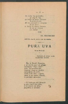 Pura uva : Tango. Dedicado al joven bardo Raimundo Godoy