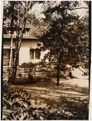 Garten Seydel, Berlin-Wannsee: Blick über Garten zum Haus mit Mauer, Birke