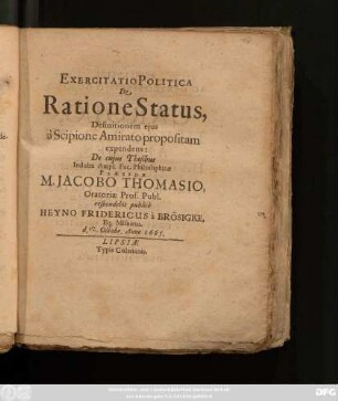 Exercitatio Politica De Ratione Status : Definitionem eius a Scipione Amirato propositam expendens