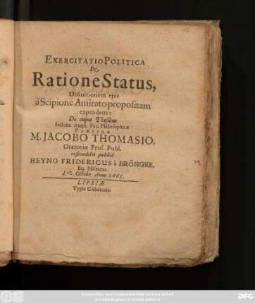 Exercitatio Politica De Ratione Status : Definitionem eius a Scipione Amirato propositam expendens