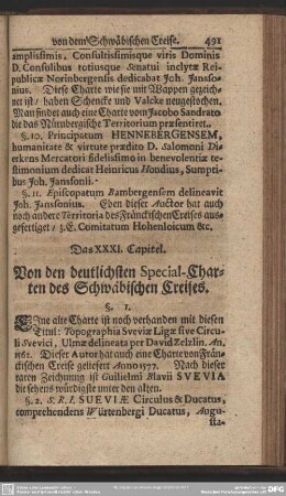 Das XXXI. Capitel. Von den deutlichsten Special-Charten des Schwäbischen Creises