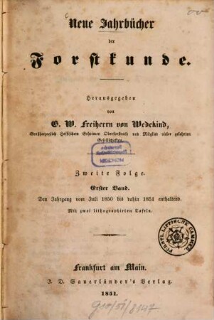 Neue Jahrbücher der Forstkunde. 1. 1851