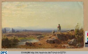 Hirte mit Hund und zwei Schafen in einer Landschaft