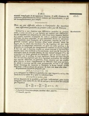 Note sur une difficulté relative à l'intégration des équations aux différences partielles du premier ordre