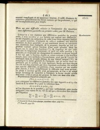 Note sur une difficulté relative à l'intégration des équations aux différences partielles du premier ordre