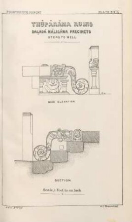 Plate XIX.B. Thúpáráma Ruins. Daladá Máligáwa. Precincts. Steps to well. Side elevation. Section