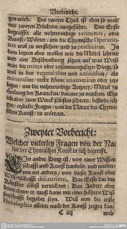 Zweyter Vorbericht: Welcher vielerley Fragen von der Natur der Chymischen Kunst in sich begreifft.