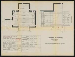 Stadttheater, Dortmund: Bühnengrundriss und Bühnenlängsschnitt 1:100