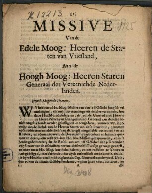 Missive Van de Edele Moog. Heeren de Staten van Vriesland, Aan de Hoogh Moog. Heeren Staten Generaal der Vereenichde Nederlanden
