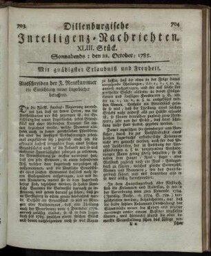XLIII. Stück. Sonnabends: den 22. October, 1785.
