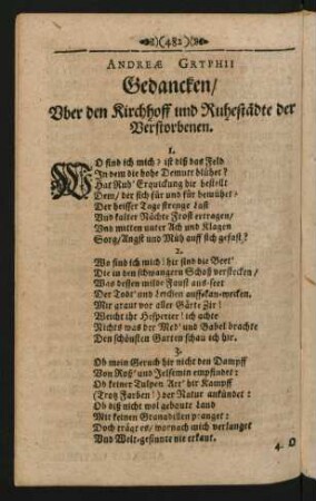 Andreae Gryphii Gedancken/ Uber den Kirchhoff und Ruhestädte der Verstorbenen.