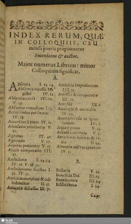 Index Rerum, Quae In Colloquiis, Ceu mensa pueris proponuntur Emendatus & auctus