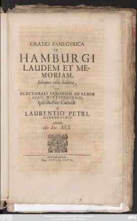 Oratio Panegyrica In Hamburgi Laudem Et Memoriam