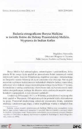 Badania etnograficzne Borysa Malkina w świetle listów do Heleny Przestalskiej-Malkin : wyprawa do Indian Kofán