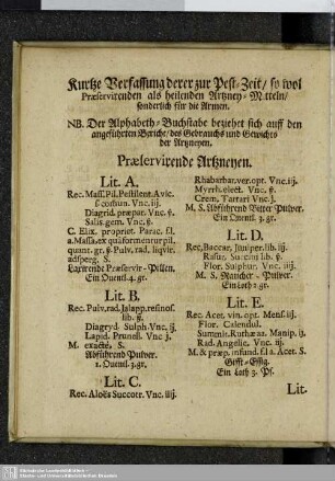 Kurze Verfassung derer zur Pest-Zeit so wol Praeservirenden als heilenden Arzney-Mitteln/sonderlich für die Armen.
