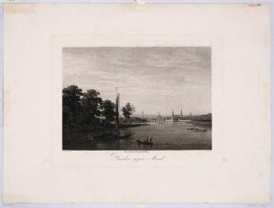 Ansicht von Dresden und dem Elbufer, Blick von der Neustadtseite nach Südosten, im Vordergrund zwei Boote, aus Rittners Dresden mit seinen Prachtgebäuden um 1810