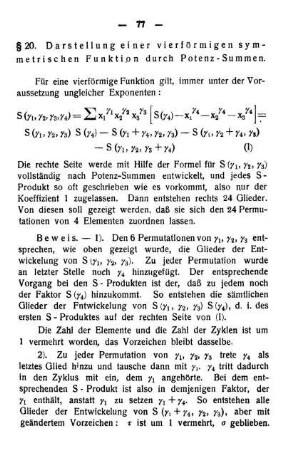 § 20. Darstellung einer vierförmigen symmetrischen Funktion durch Potenz-Summen