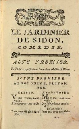 Le Jardinier De Sidon : Tiré Des Oeuvres De M. De Fontenelle ; Comédie En Deux Actes, Meslée D'Ariettes