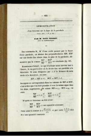 Démonstration d´un théorème sur les foyers de la parabole.