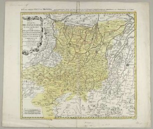 Status Mutinensis in Suas Ditiones utpote Ducatum Mutinensem, Reginensem, Mirandulanum, Princiratum Carpiensem et Corregiensem exacte divisi, nec non finitimarum Regionum novissima Tabula