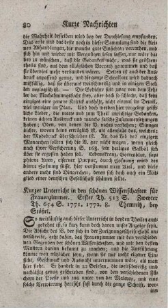 Kurzer Unterricht in den schönen Wissenschaften für Frauenzimmer. T.1.2.