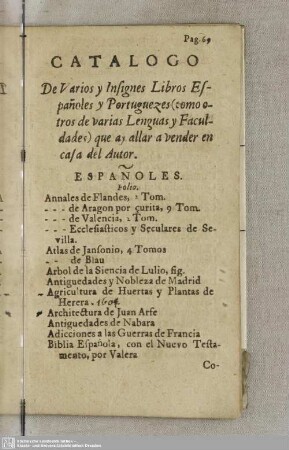 Catalogo De Varios y Insignes Libros Españoles y Portuguezes