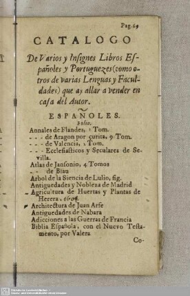 Catalogo De Varios y Insignes Libros Españoles y Portuguezes