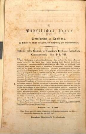 Denkschrift über das Verfahren des Römischen Hofs bey der Ernennung des General-Vikars Frhrn. v. Wessenberg zum Nachfolger im Bisthum Constanz und zu dessen Verweser und die dabei von Sr. Königlichen Hoheit dem Großherzog von Baden genommenen Maßregeln : Mit Beilagen