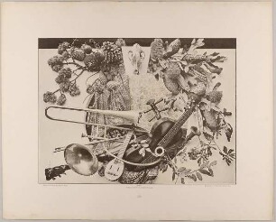38. Gruppe aus Nadelhölzern, Thierschädel, Mais, Kürbissen, Musikinstrumenten etc.
