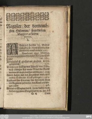 Register der vornembsten Historien/ so in diesem Büchlein gefunden werden.