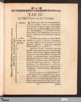 Tab. IV. De DEO Trino seu SS. Trinitate.