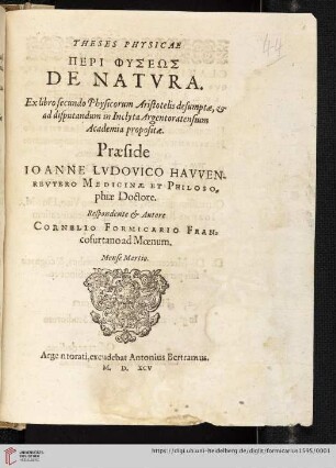 Theses Physicae De Natvra : Ex libro secundo Physicorum Aristotelis desumptæ, & ad disputandum in Inclyta Argentoratensium Academia propositæ