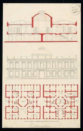 Bildergalerie Monatskonkurrenz Februar 1833: Grundriss Erdgeschoss, Obergeschoss, Aufriss Vorderansicht, Querschnitt; Maßstabsleiste