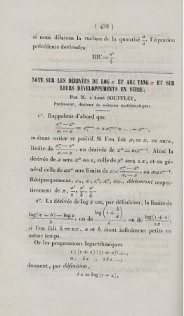 Note sur les dérivées de log ... et arg tang... et sur leurs développements en série.