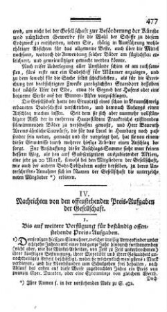 IV. Nachrichten von den offenstehenden Preis-Aufgaben der Gesellschaft.