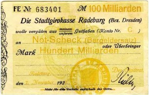 Not-Scheck (Bargeldersatz) über Hundert Milliarden Mark
