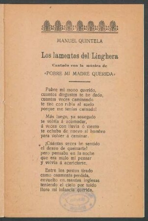 Los lamentos del linghera : Cantado con la música de "Pobre mi madre querida"