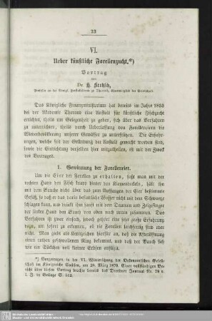 VI. Ueber künstliche Forellenzucht. : Vortrag
