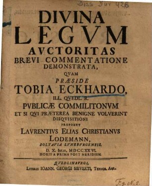 Divina Legvm Avctoritas Brevi Commentatione Demonstrata
