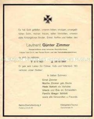 Traueranzeige für den im Zweiten Weltkrieg gefallenen Leutnant Günter Zimmer